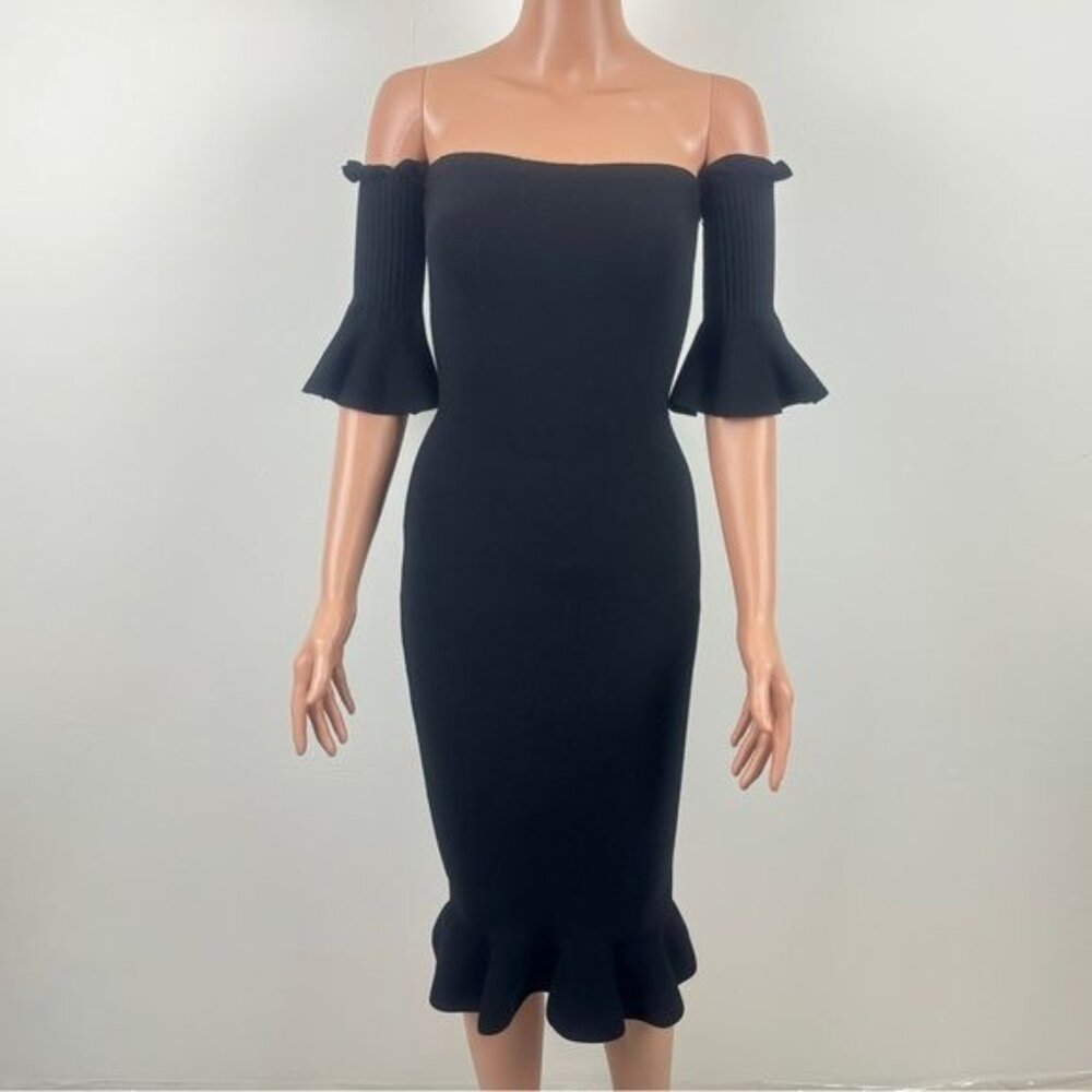 Milly Pin Tuck Off-the-Shoulder Fish Tail Hem Sheath Midi Dress Black Size P